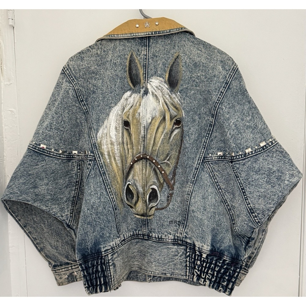 Turtle Denim Jacket Womens S Blue Acid Wash Horse Face Studded Vintage 80s 90s